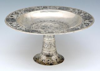 Silver niello compote with open work floral rim