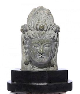 Stone Buddha head on stand, 22" t