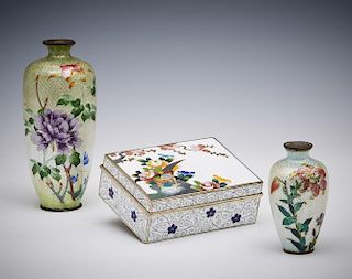 Grouping of two Japanese cloisonne vases and one box