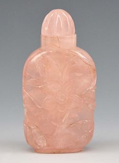 Chinese rose quartz snuff bottle, carved with flowers