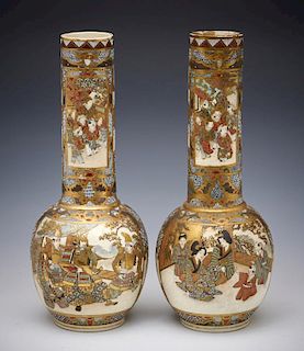 Pair of Satsuma pencil neck vases, 15" h