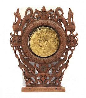 Thai brass gong in carved frame