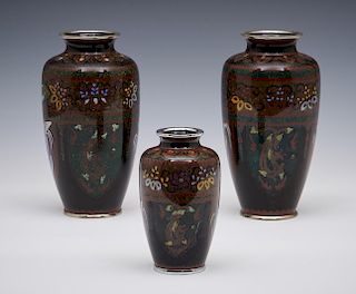 Grouping of three Japanese cloisonne vases