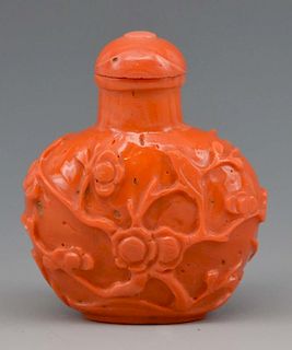 Chinese coral snuff bottle, carved with cherry blossoms
