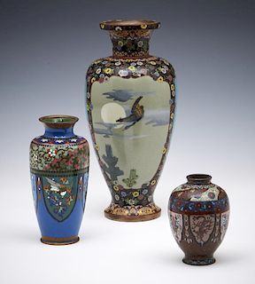 Grouping of three Japanese cloisonne vases