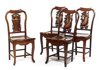 Three plus one Chinese carved rosewood chairs