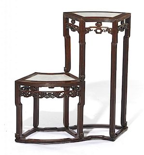 Chinese two tier carved wood stand with marble tops