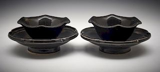 Pair Black Glazed Ding Cup/Cupstands