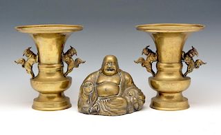 Chinese brass Buddha and pair of brass urns