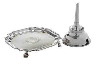 English Silver Salver and Wine Funnel