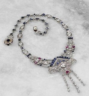 Art Deco Diamond, Sapphire & Ruby Necklace