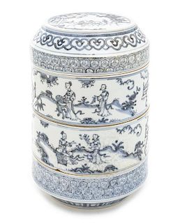 A Chinese Blue and White Four-Tiered Storage Box, Height overall 9 inches.