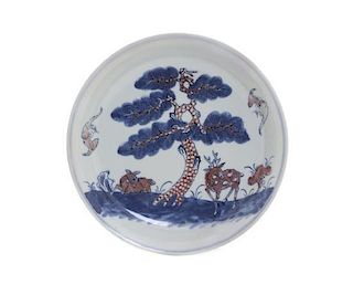 A Chinese Underglaze Red and Blue Porcelain Dish, Diameter 8 inches.