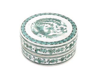 A Famille Verte Circular Covered Box, Diameter 3 7/8 inches.