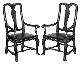 Pair American Queen Anne Style Arm Chairs