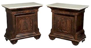 Pair Classical Marble Top Mahogany Commodes