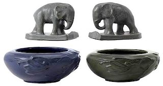 Art Pottery Elephant Bookends, Two Low Vases