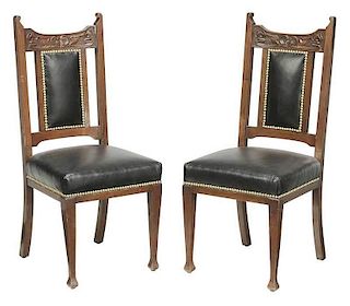 Pair Art Nouveau  Leather Upholstered Side Chairs