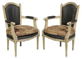 Pair Louis XVI Style Parcel Gilt Open Arm Chairs