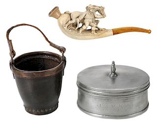 Pewter Box, Miniature Bucket and Meerschaum Pipe