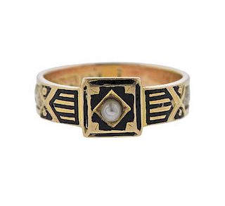 Antique 15k Gold Black Enamel Pearl Ring