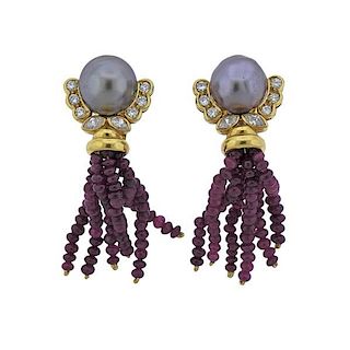Andrew Clunn 18k Gold Ruby Diamond Pearl Earrings