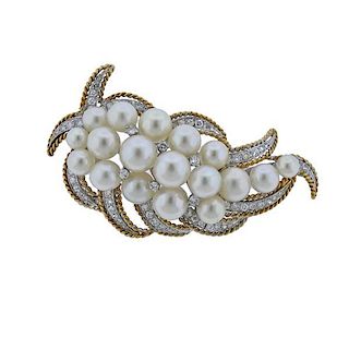 18k Gold Pearl Diamond Brooch Pin