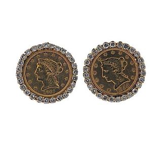 14k Gold Diamond US Coin Earrings