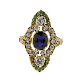 18k Gold Diamond Blue Green Stone Ring