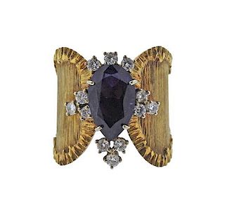 18K Gold Diamond Purple Gemstone Wide Band Ring