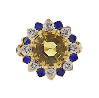 18K Gold Diamond Yellow Sapphire Enamel Dome Ring