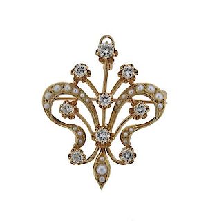 14k Gold Diamond Pearl Brooch Pendant