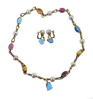 Bulgari 18k Gold Pearl Diamond Gemstone Necklace Earrings Set