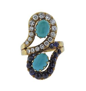 18k Gold Diamond Sapphire Turquoise Bypass Ring