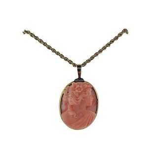 14k Gold Coral Cameo Pendant Necklace