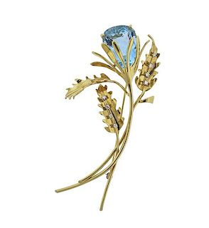 18k Gold Blue Stone Diamond Flower Brooch