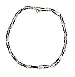 18k Gold Pearl Blue Enamel Necklace