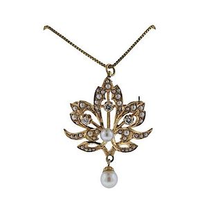 14k Gold Pearl Diamond Pendant Necklace
