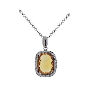 14k Gold Citrine Diamond Pendant Necklace