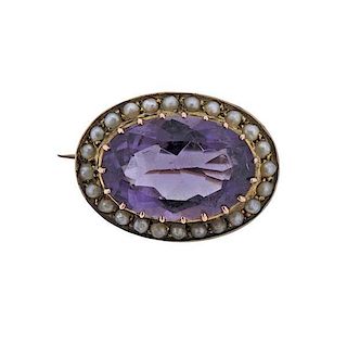 Antique 14k Gold Purple Stone Pearl Brooch