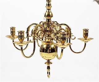 A Dutch Baroque Style Brass 6-Light Chandelier Height 19 x diameter 19 inches.