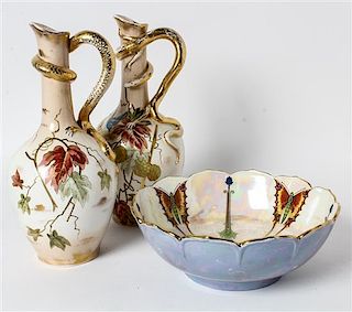 A Group of Three Porcelain Articles Height of pitchers 12 1/4 inches.