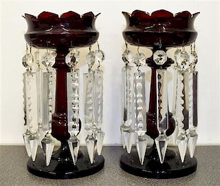 A Pair of Ruby Glass Lusters Height 12 1/4 inches.