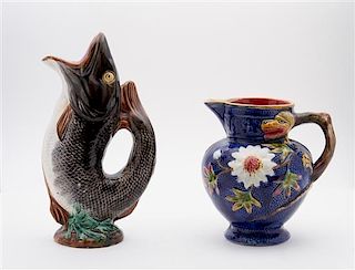 Two Majolica Pitchers Height of taller 13 1/2 inches.