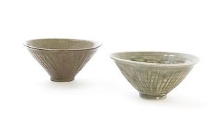 Two Celadon Glaze Pottery Bowls, Diameter of larger 4 1/2 inches.
