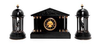 * A Continental Marble Three-Piece Clock Garniture Width of mantel clock 16 inches.