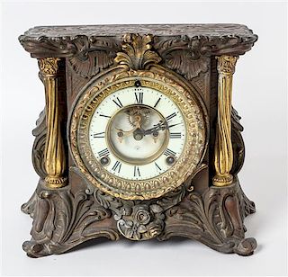 * An Ansonia Mixed Metal Mantel Clock Width 11 inches.