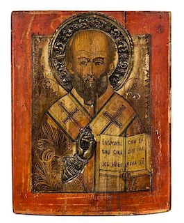 * A Byzantine Style Painted Icon Height 15 3/4 x width 12 1/4 inches.
