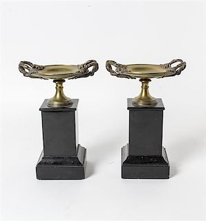 * A Pair of Neoclassical Brass and Slate Tazze Height overall 9 3/4 inches.