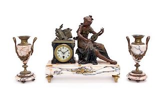 * A Neoclassical Cast Metal and Marble Clock Garniture Width of clock 16 1/4 inches.
